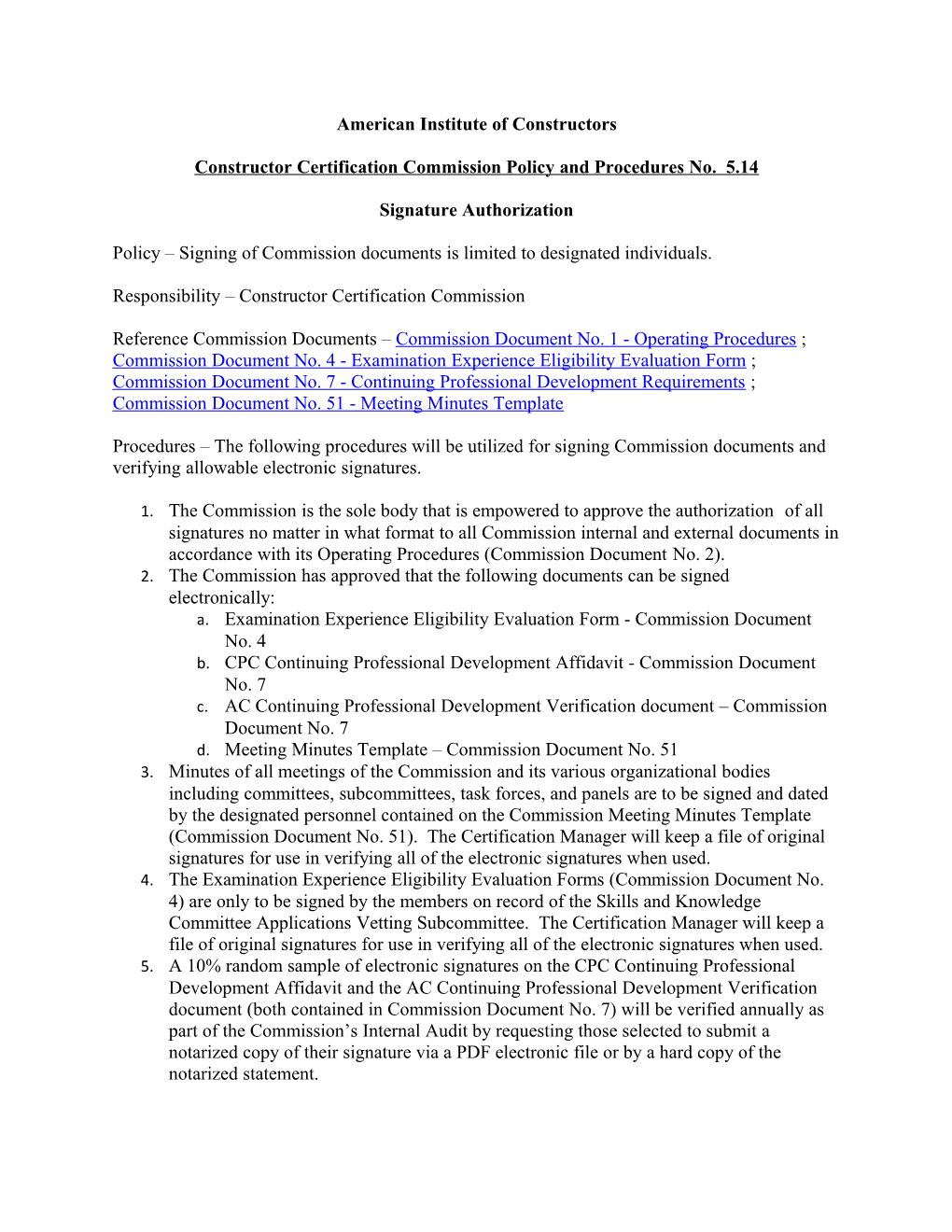 Constructor Certification Commission Policy and Procedures No. 5.14