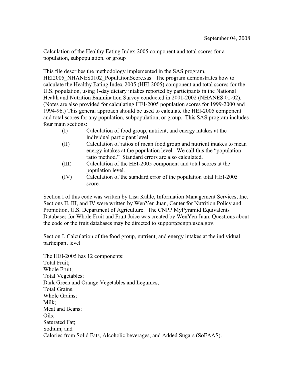 (I)Calculation of Food Group, Nutrient, and Energy Intakes at the Individual Participant Level