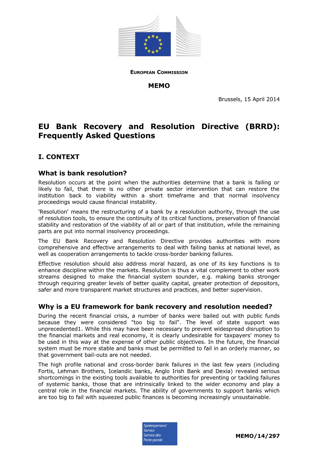 EU Bank Recovery and Resolution Directive (BRRD): Frequently Asked Questions