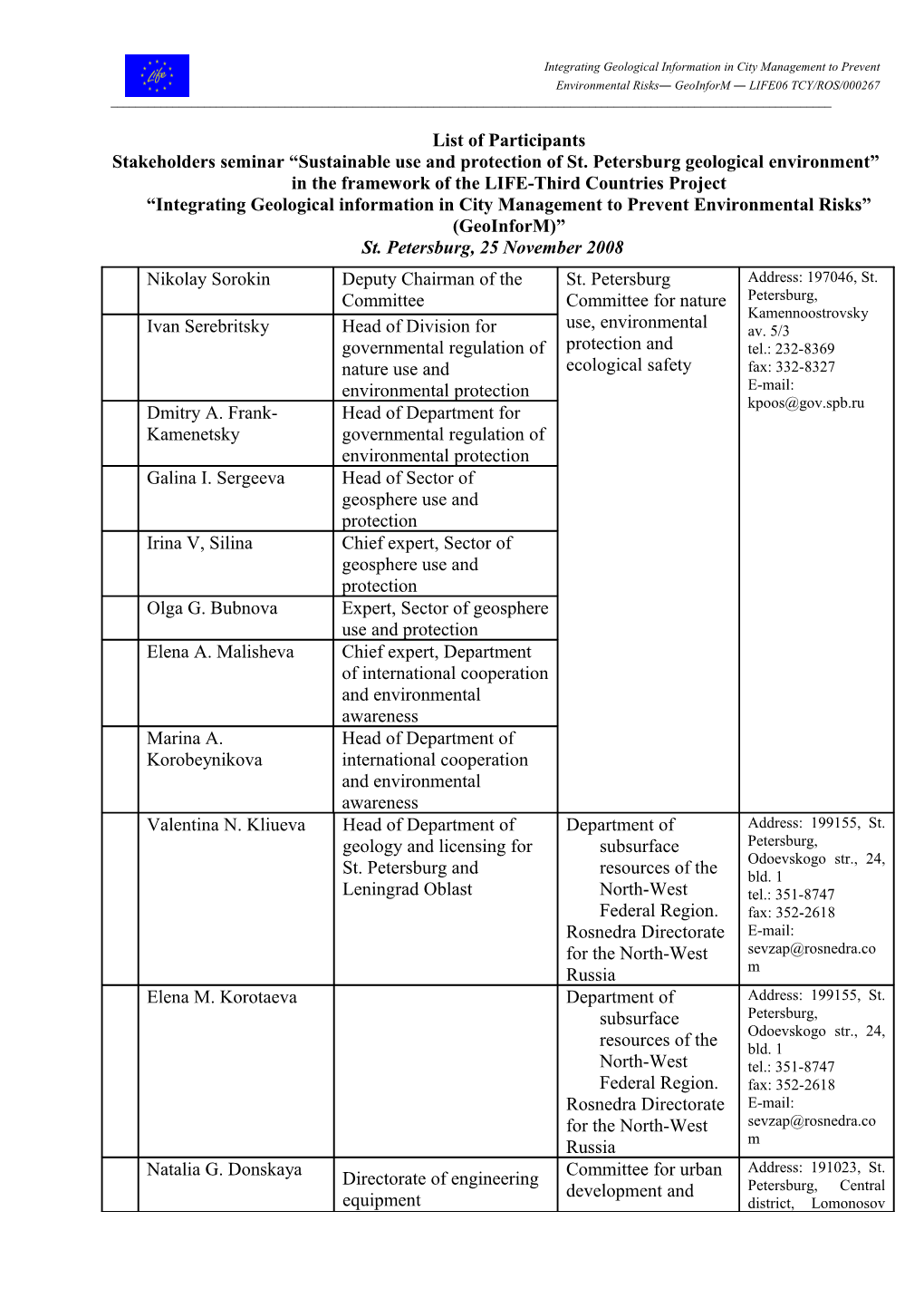 Environmental Risks Geoinform LIFE06 TCY/ROS/000267