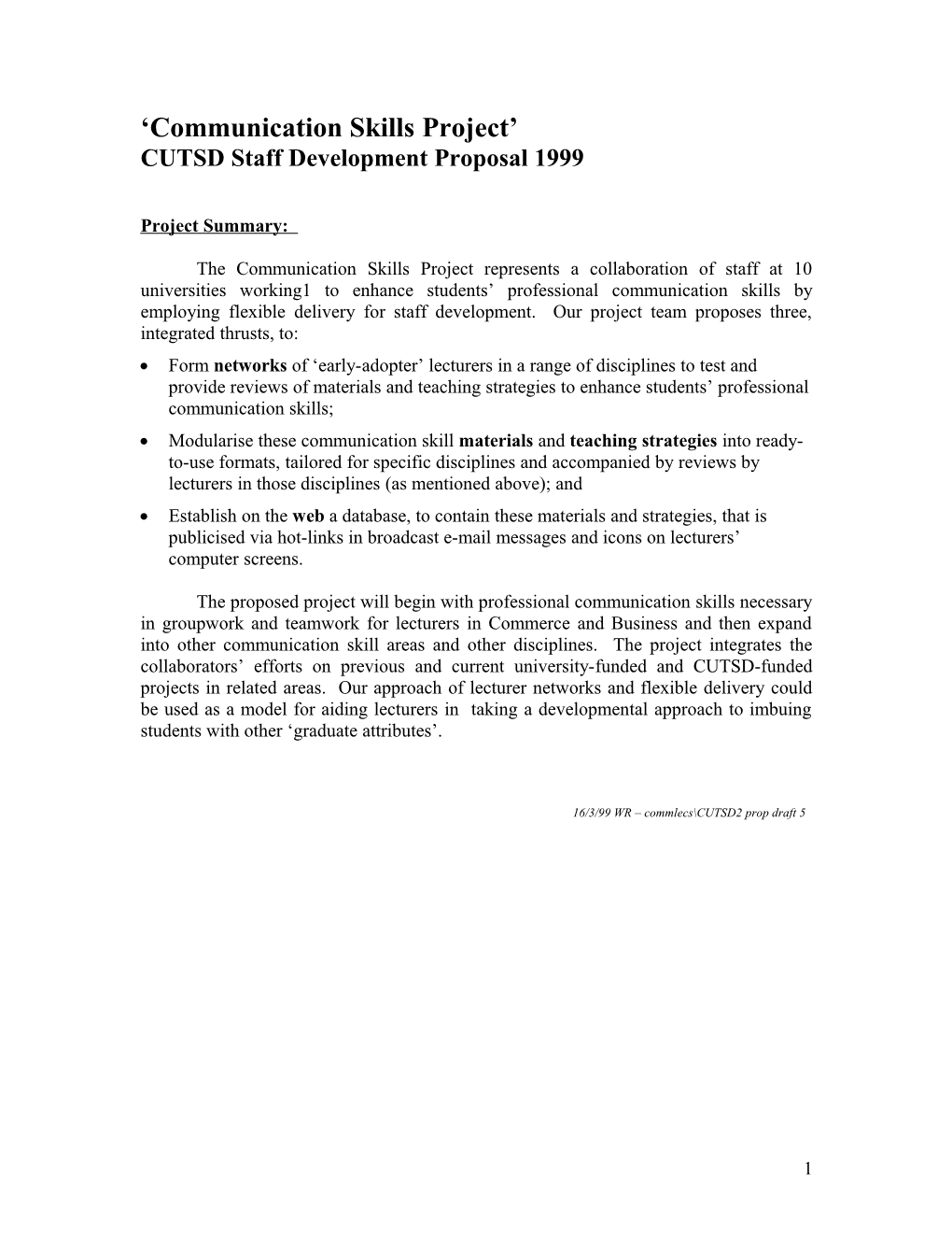 CUTSD Staff Development Proposal 1999