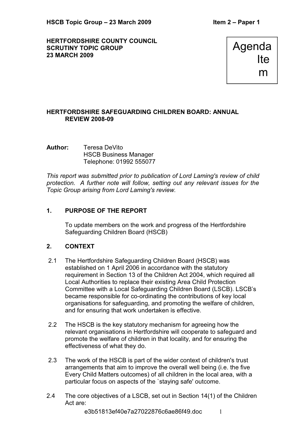 Hertfordshire Safeguarding Children Board: Annual Review 2008-09