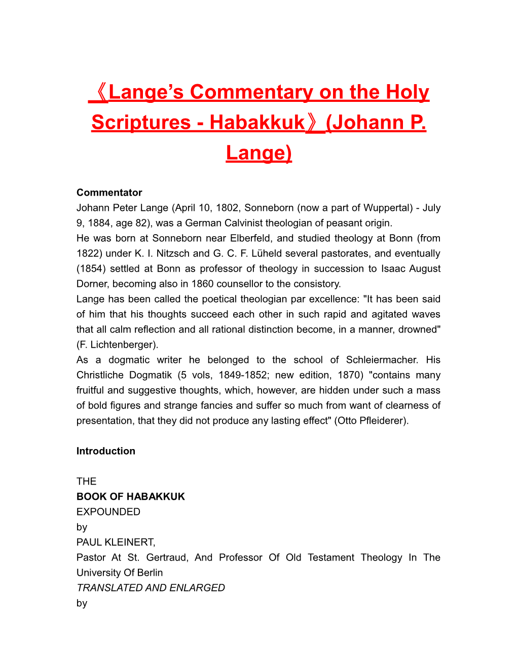 Lange S Commentary on the Holyscriptures-Habakkuk (Johann P. Lange)