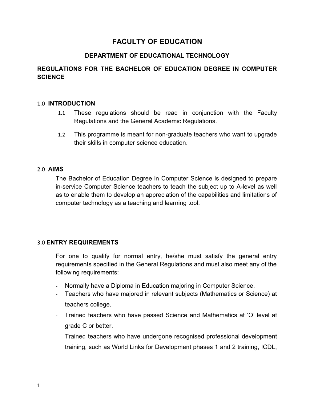 Regulations for the Bachelor of Education Degree in Computer Science