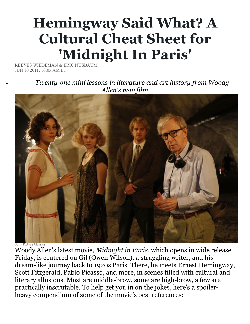 Hemingway Said What? a Cultural Cheat Sheet for 'Midnight in Paris'