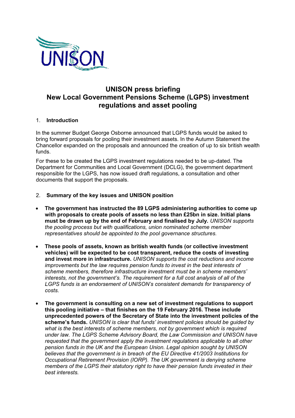 New Local Government Pensions Scheme(LGPS) Investment Regulations and Asset Pooling