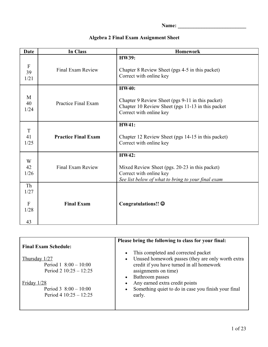 Algebra 2 Final Exam Assignment Sheet