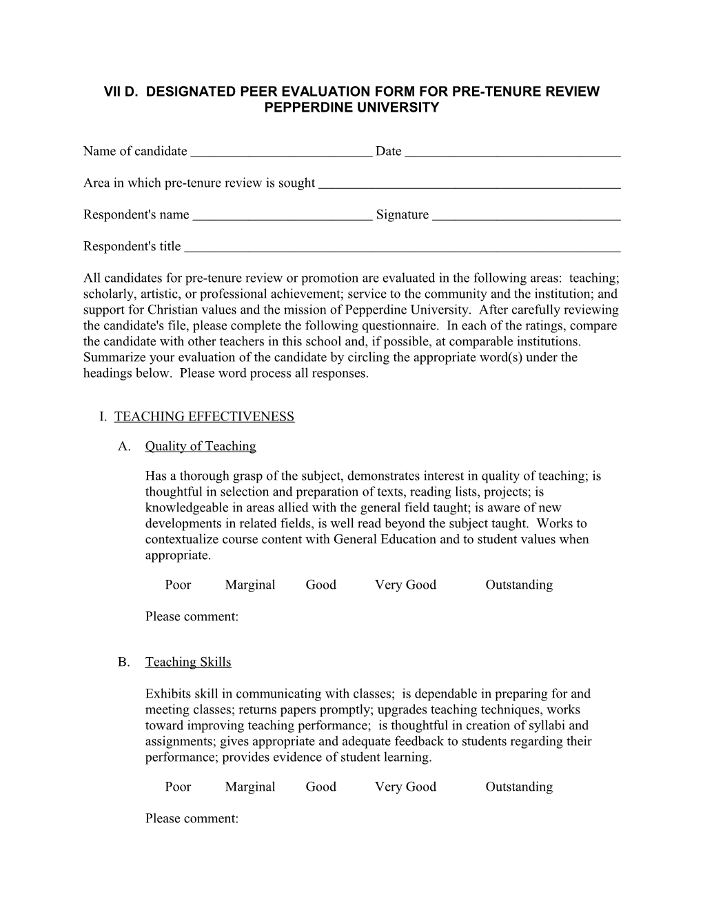 Vii D. Designated Peer Evaluation Form for Pre-Tenure Review