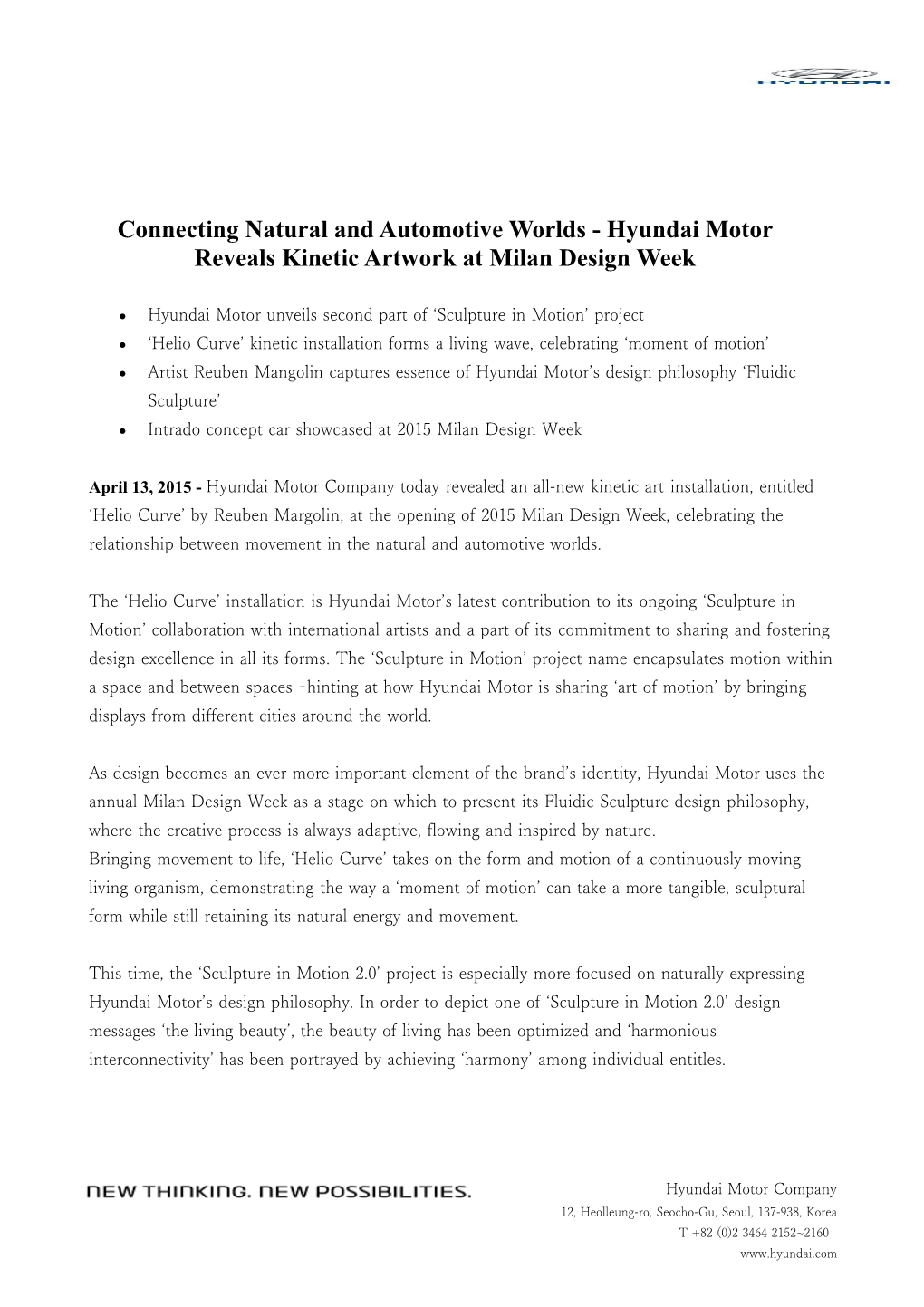 Connecting Natural and Automotive Worlds - Hyundai Motor Reveals Kineticartwork at Milan
