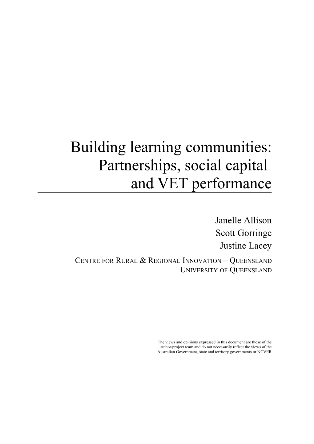 Building Learning Communities: Partnerships, Social Capital and VET Performance
