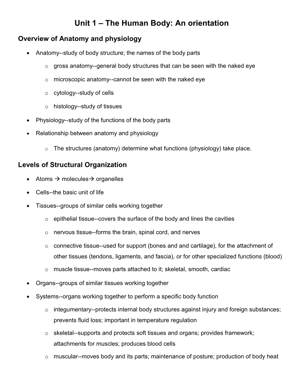 Unit 1 the Human Body: an Orientation