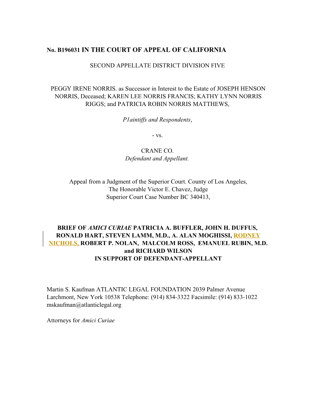 No. B196031 in the COURT of APPEAL of CALIFORNIA