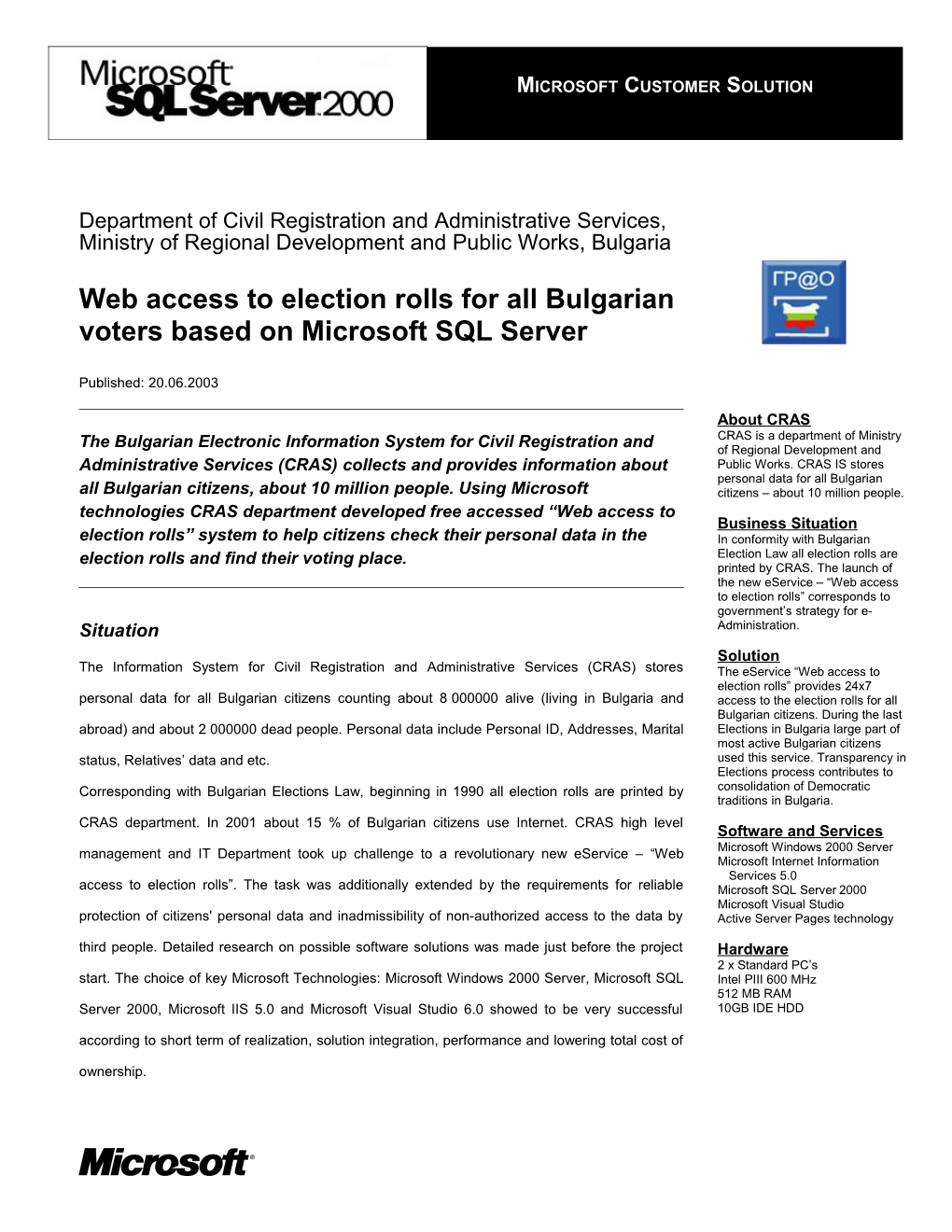 Web Access to Election Rolls for All Bulgarian Voters Based on Microsoft SQL Server