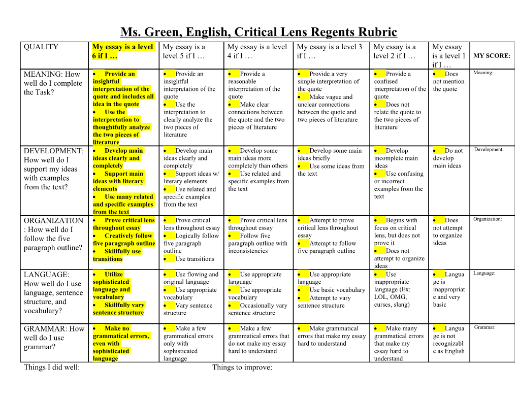 Controlling Idea Regents Rubric