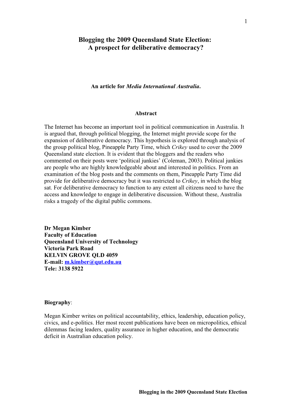 E-Publishing: Campaigning and Electral Analysis in Recent Australian Elections