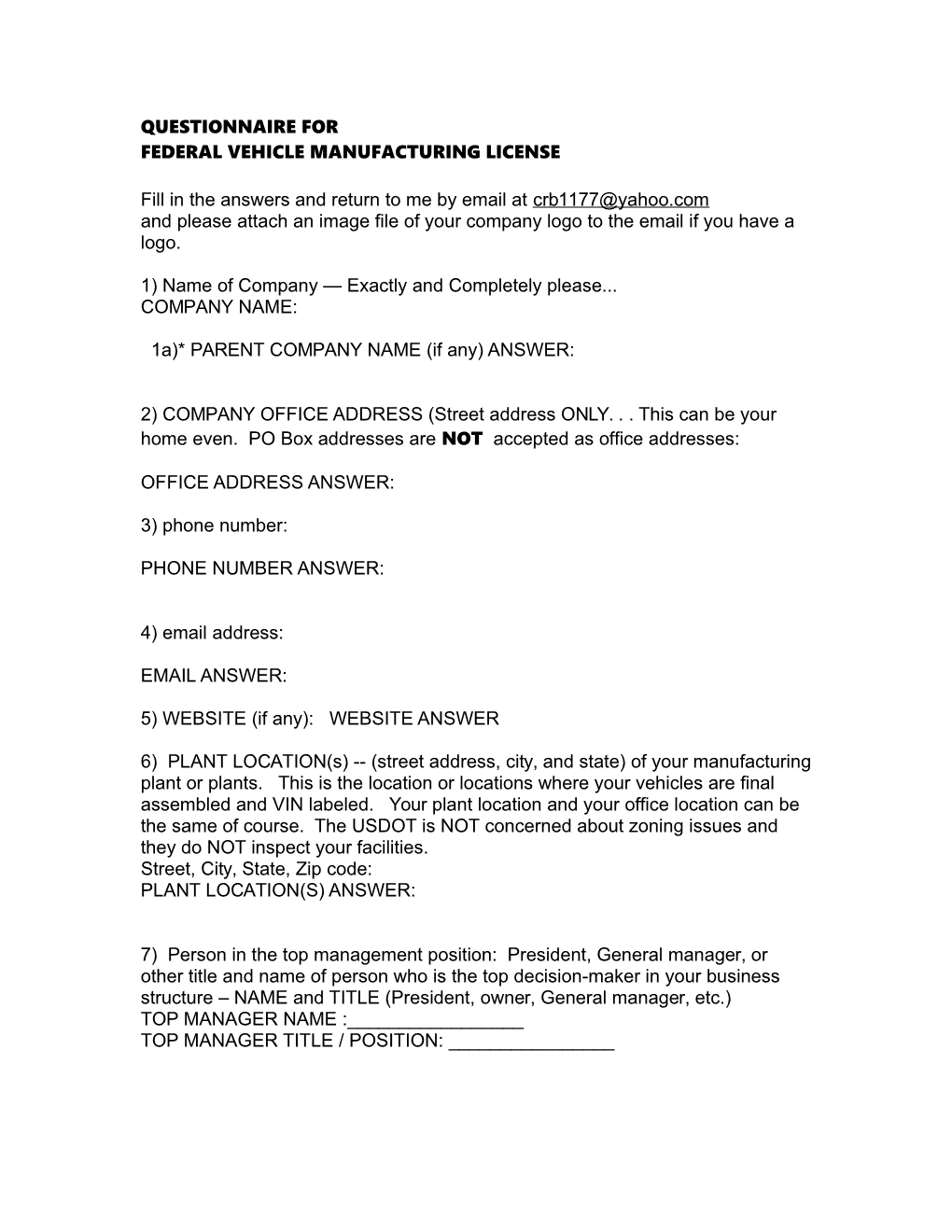 Federal Vehicle Manufacturing License