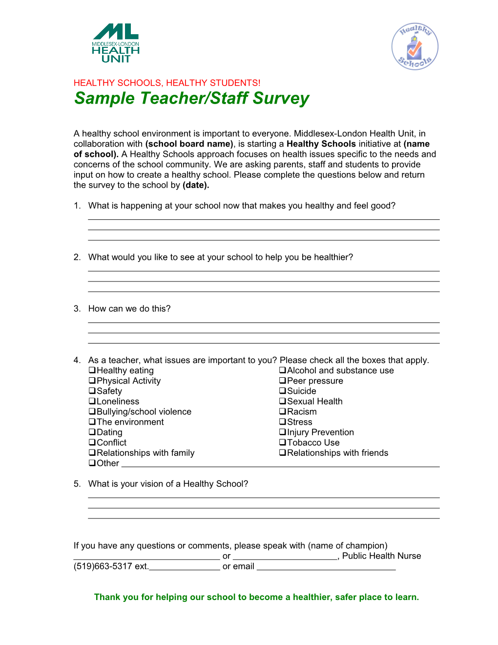 Sample Teacher/Staff Survey