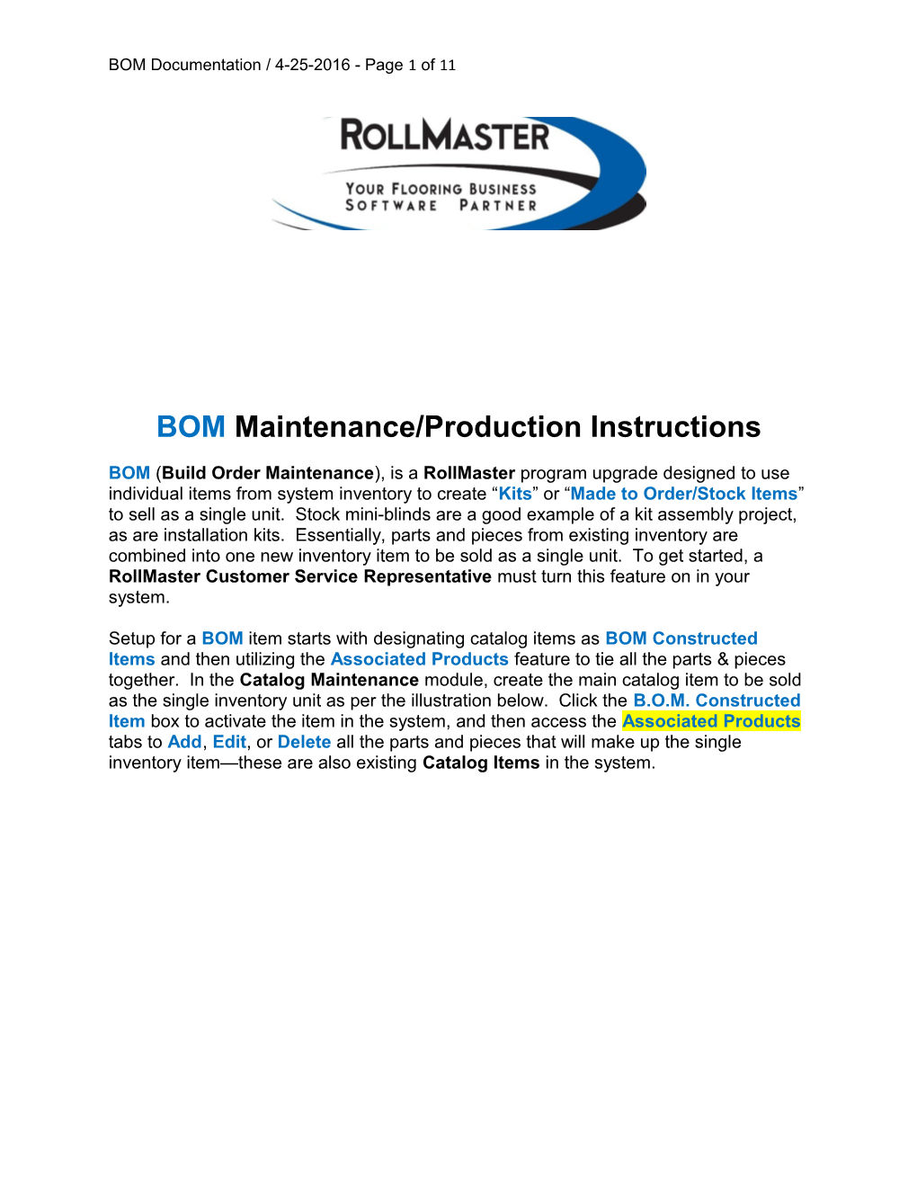 BOM Maintenance/Production Instructions