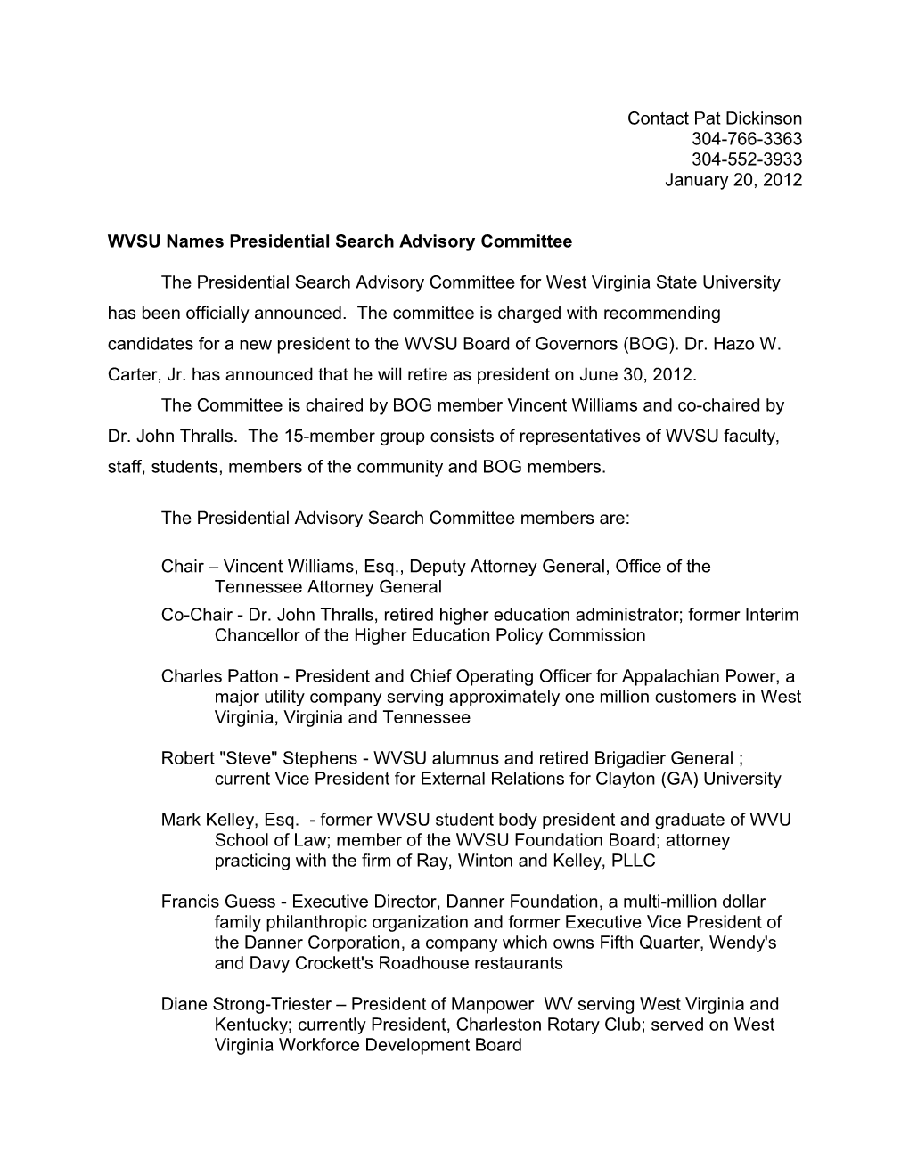 WVSU Names Presidential Search Advisory Committee