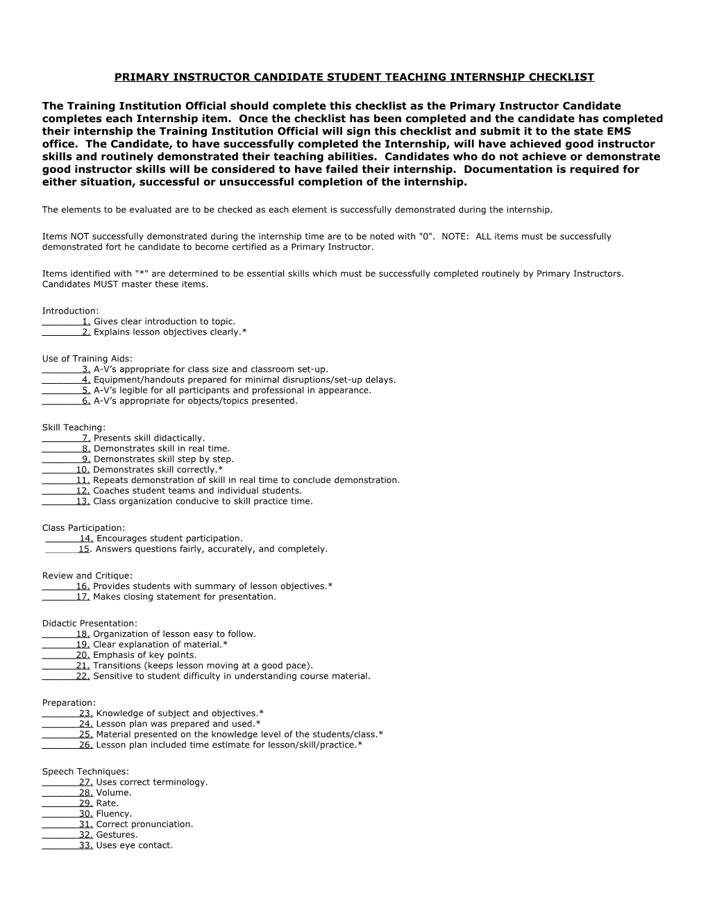 Primary Instructor Candidate Student Teaching Internship Checklist