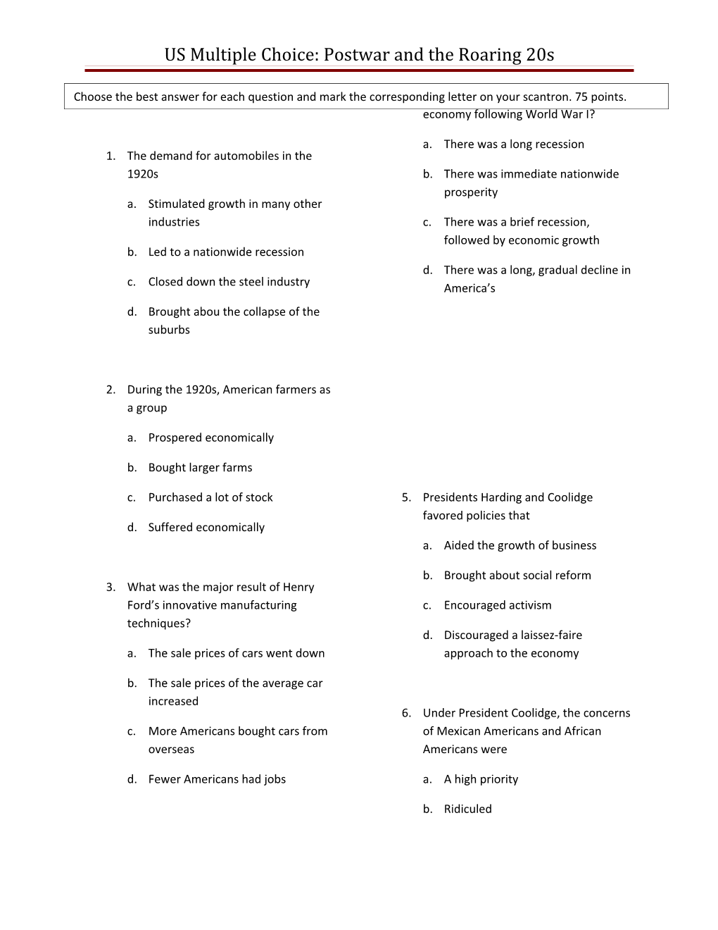 US Multiple Choice: Postwar and the Roaring 20S