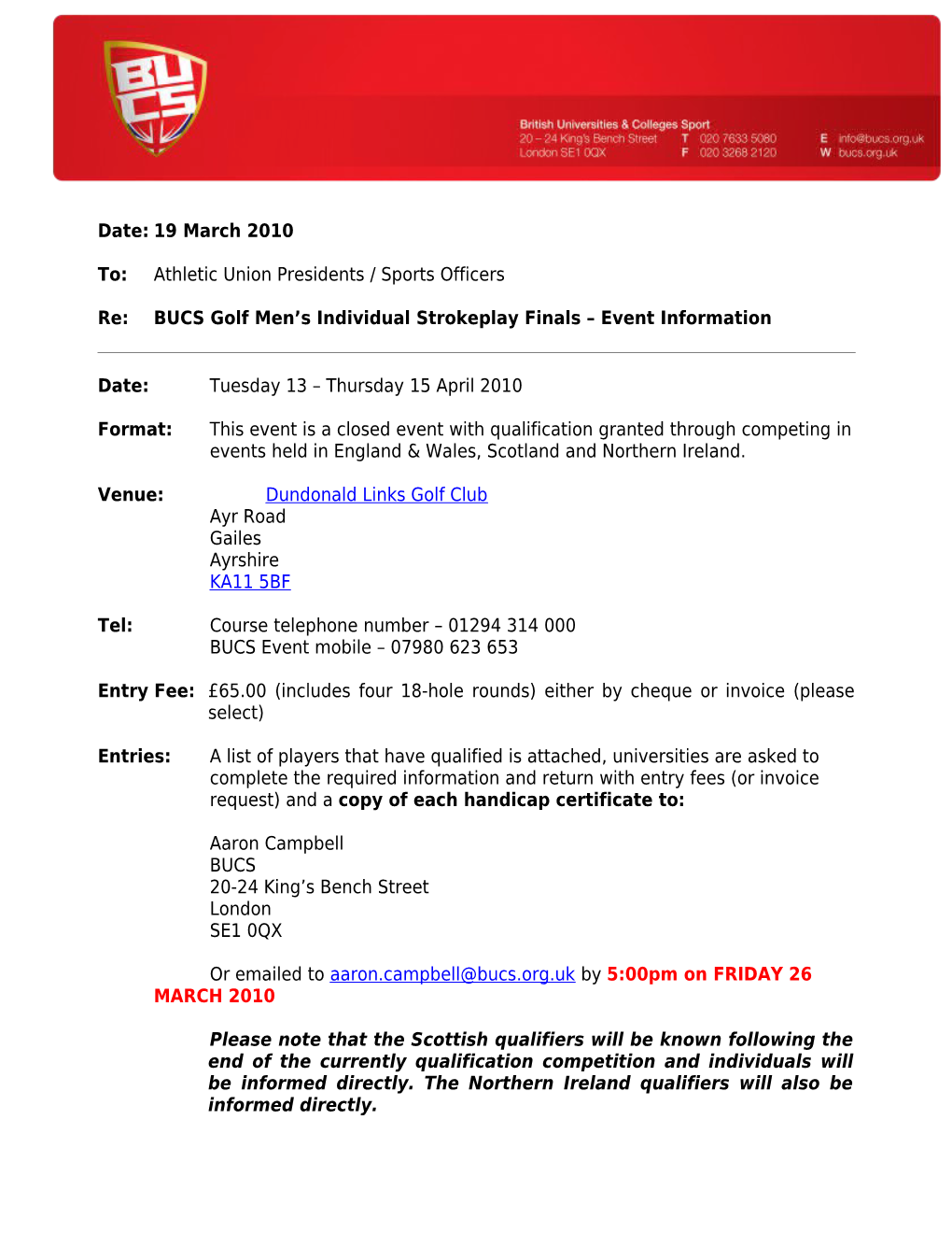 Re:BUCS Golf Men S Individual Strokeplay Finals Event Information