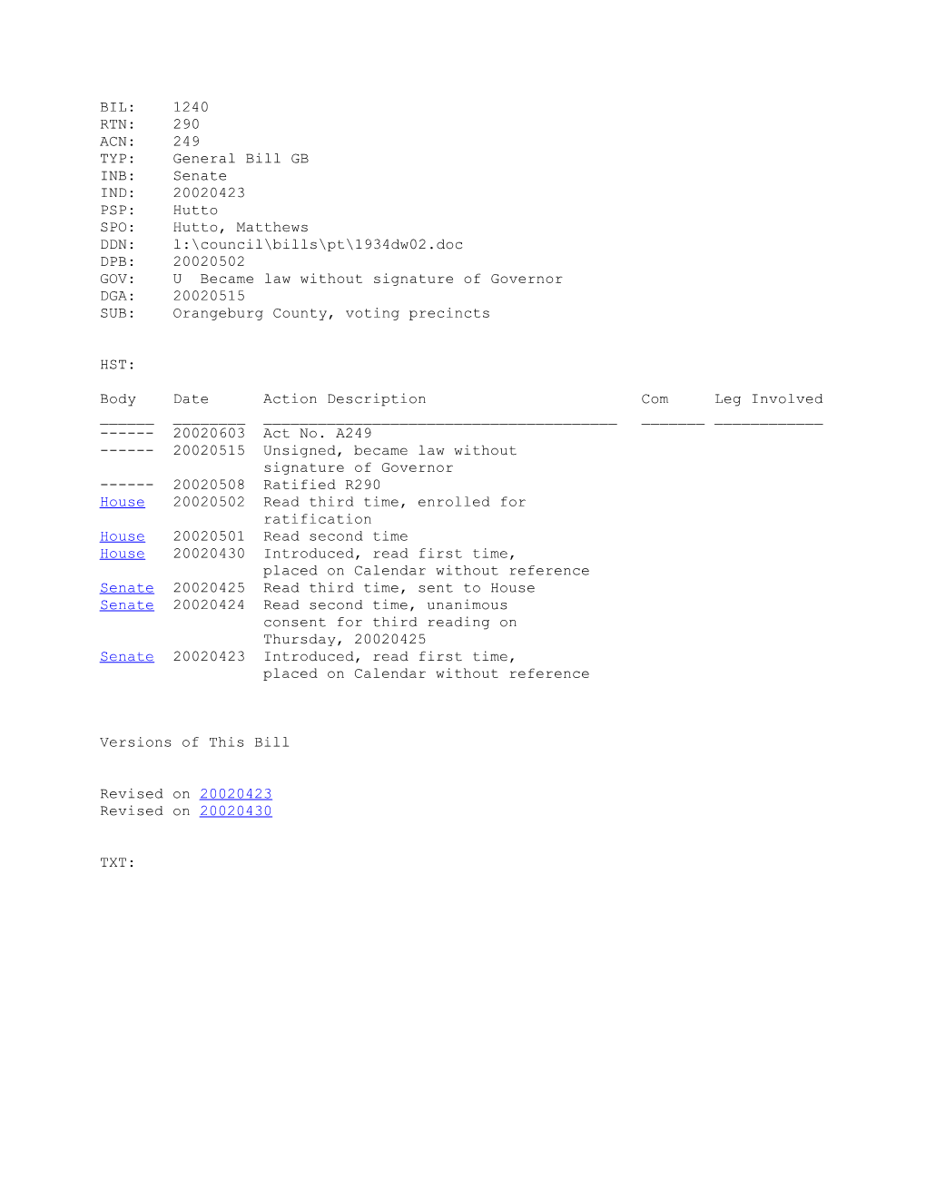 2001-2002 Bill 1240: Orangeburg County, Voting Precincts - South Carolina Legislature Online