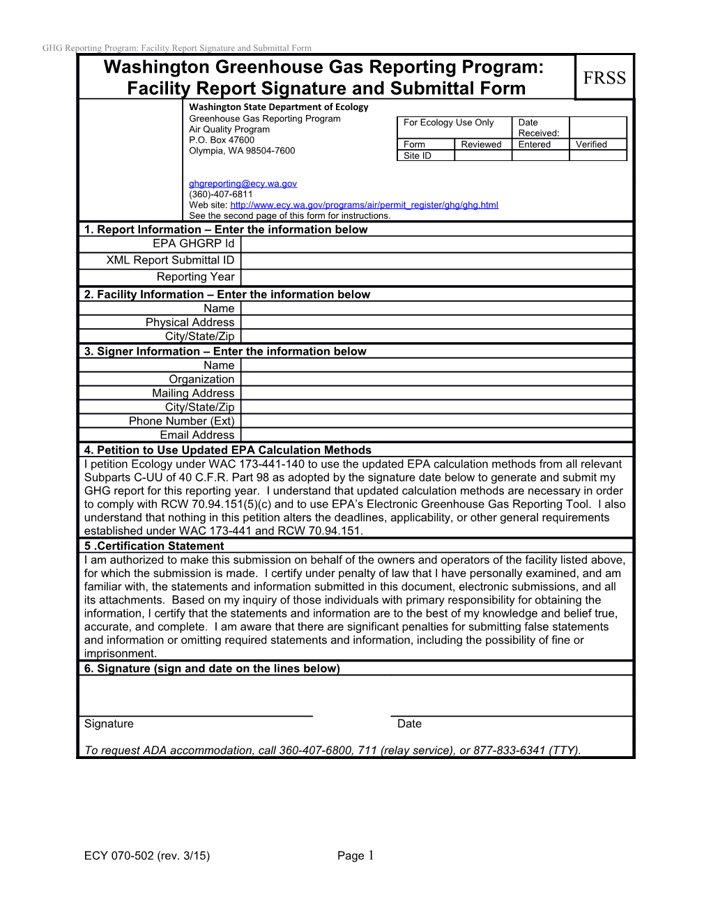 GHG Reporting Program: Facility Report Signature and Submittal Form