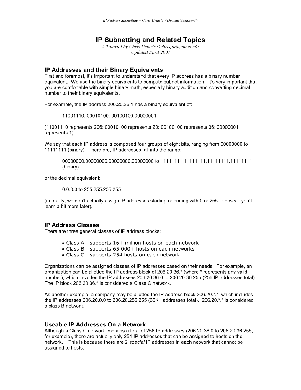 IP Addressed and Binary Equivalents