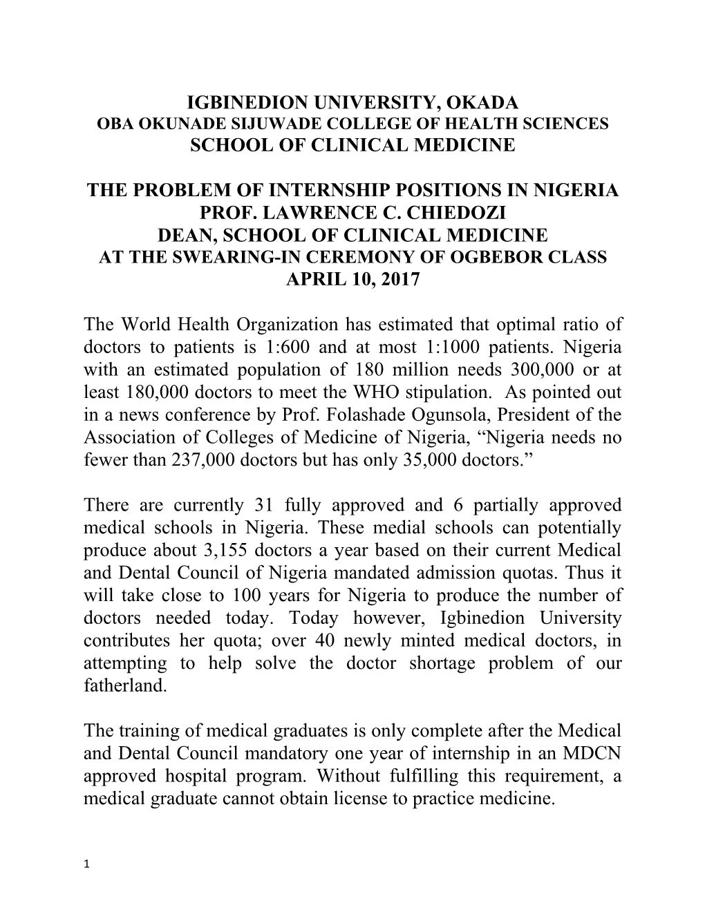 Oba Okunade Sijuwade College of Health Sciences