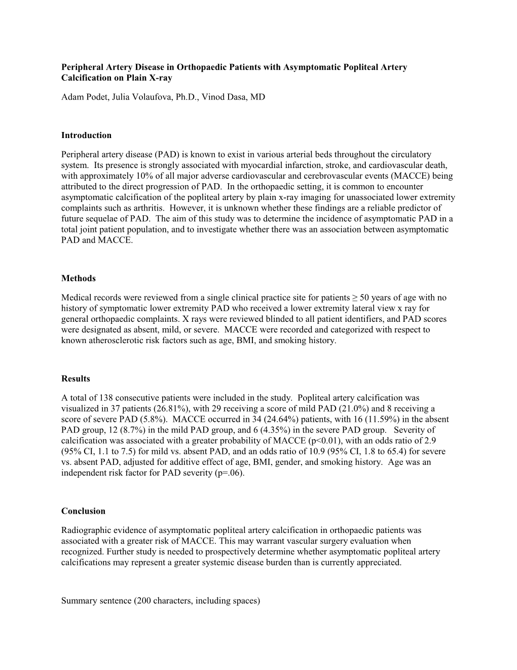 Peripheral Artery Disease in Orthopaedic Patients with Asymptomatic Popliteal Artery