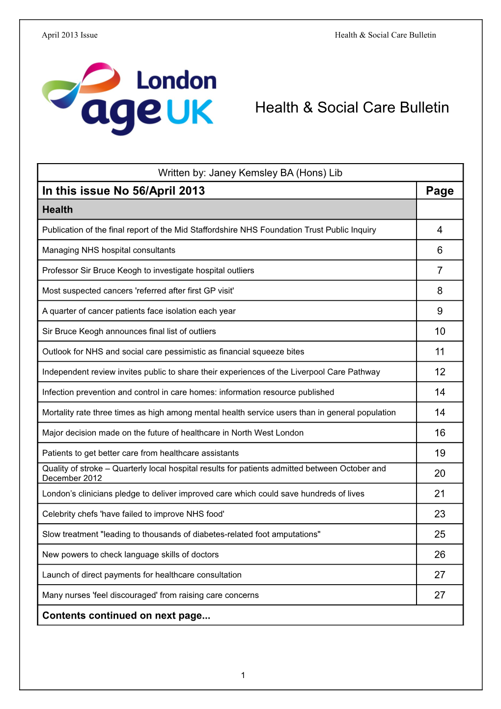 Publication of the Final Report of the Mid Staffordshire NHS Foundationtrust Public Inquiry