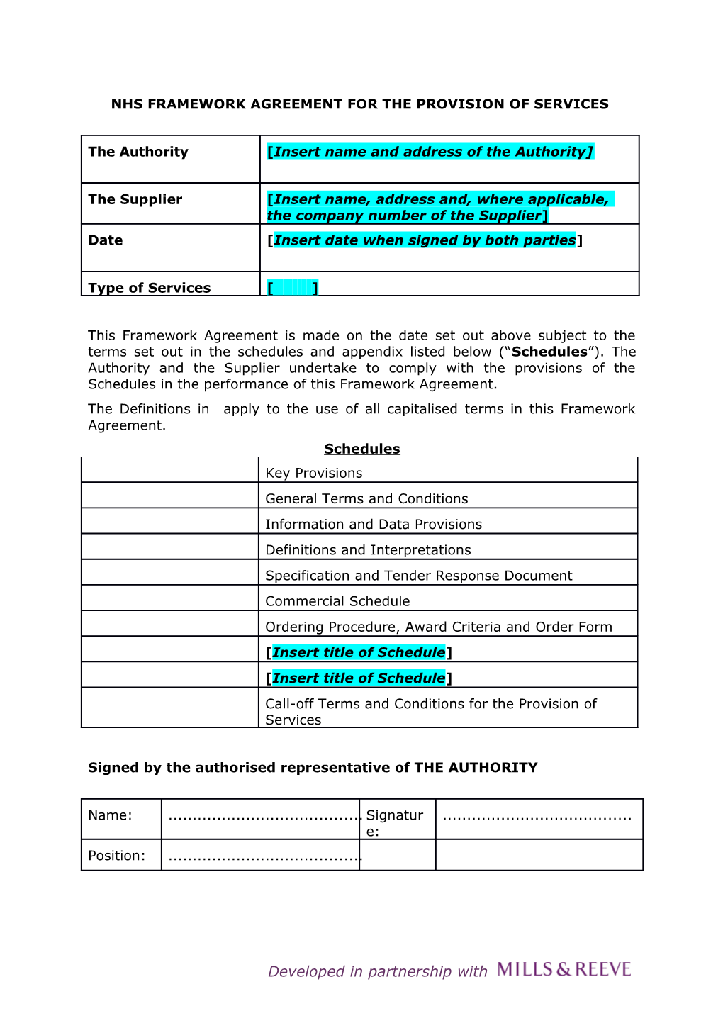 Nhs Framework Agreement for the Provision of Services