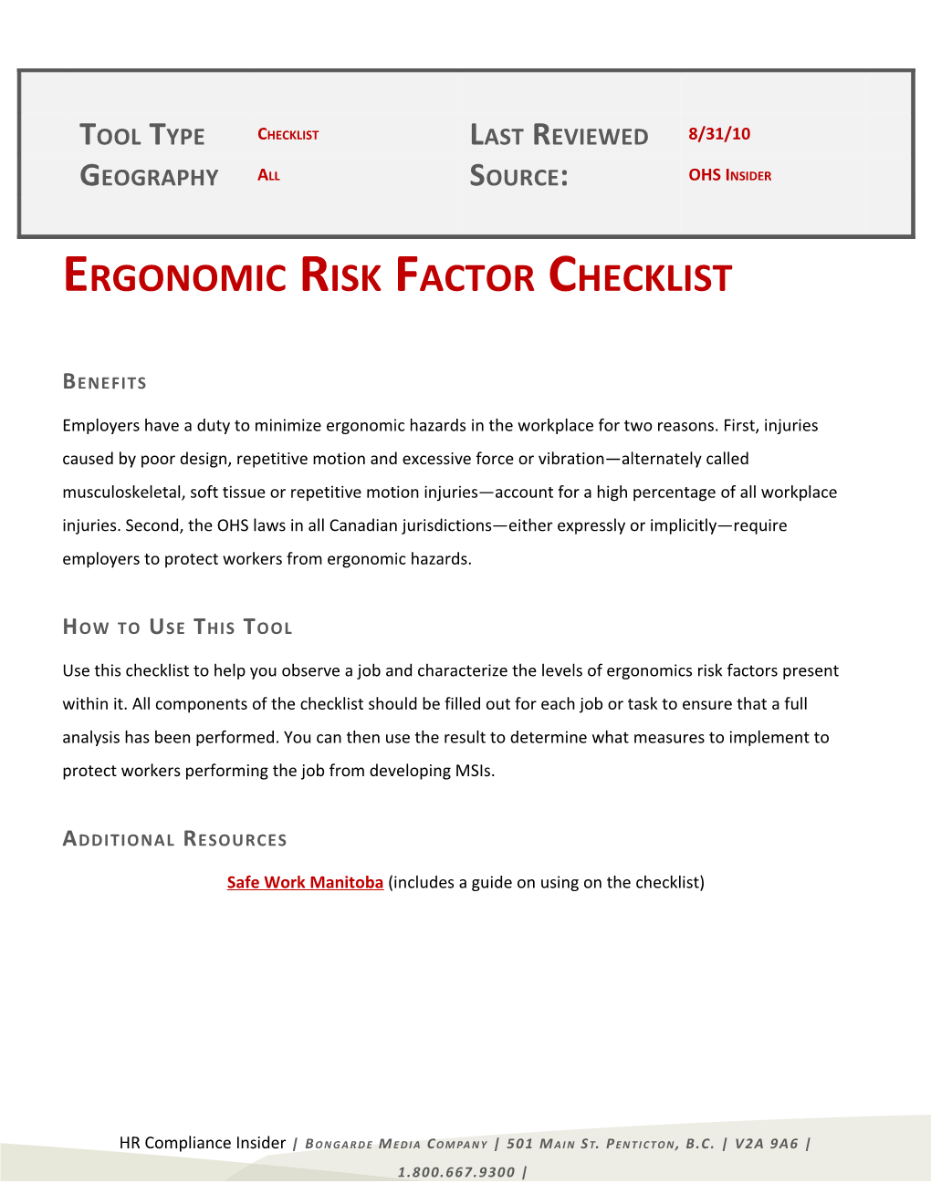 Ergonomic Risk Factor Checklist