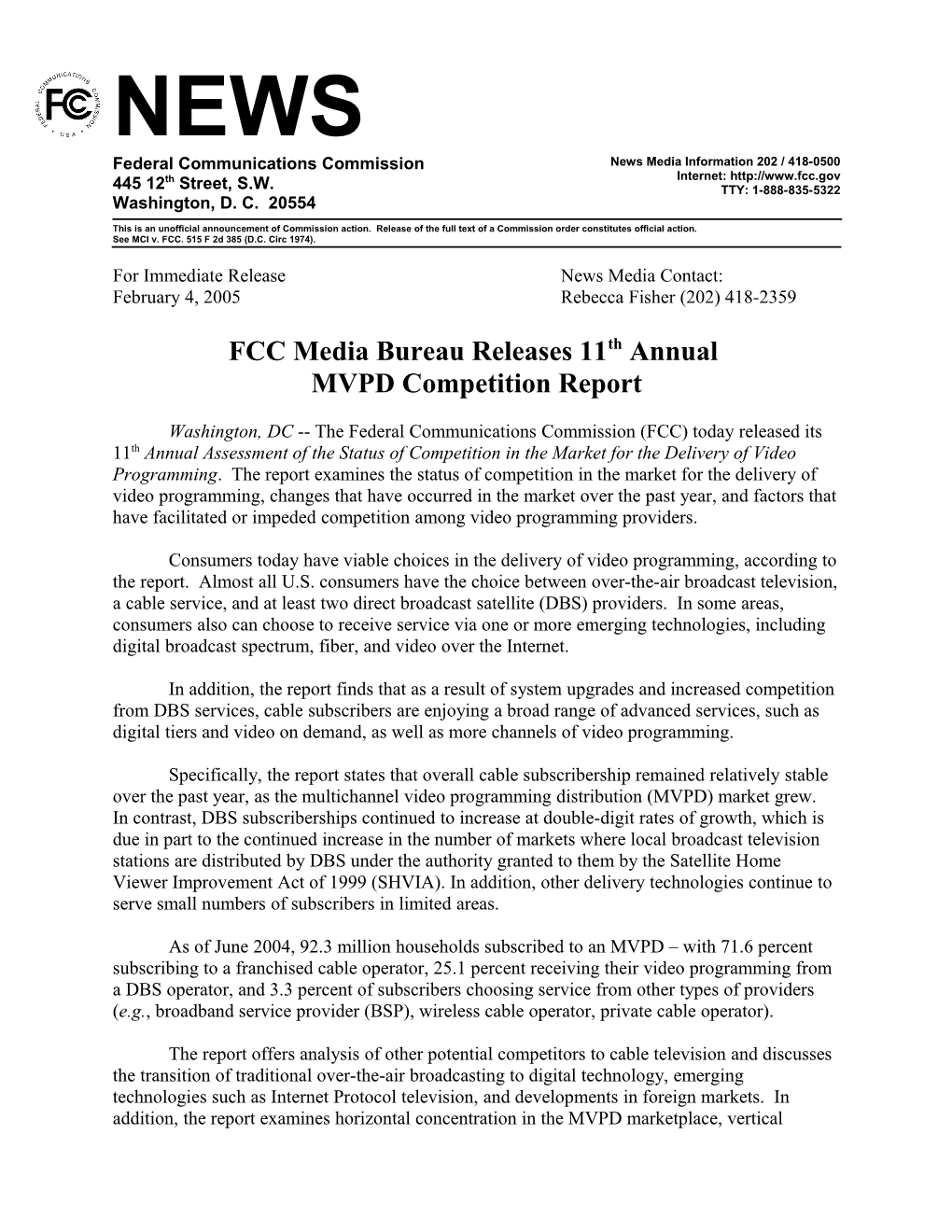FCC Media Bureau Releases 11Th Annual