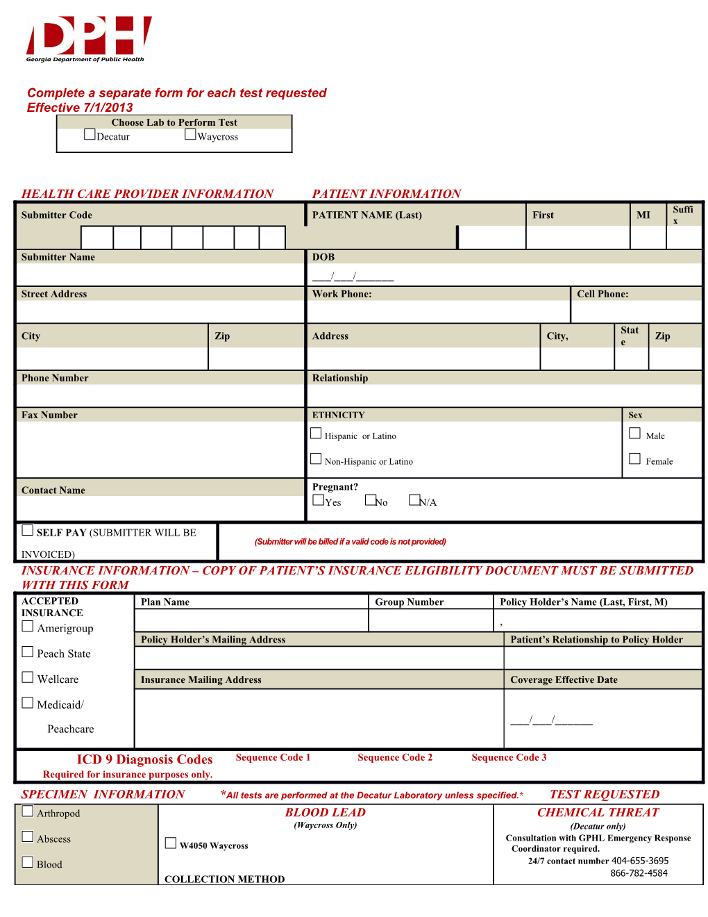 Complete a Separate Form for Each Test Requested