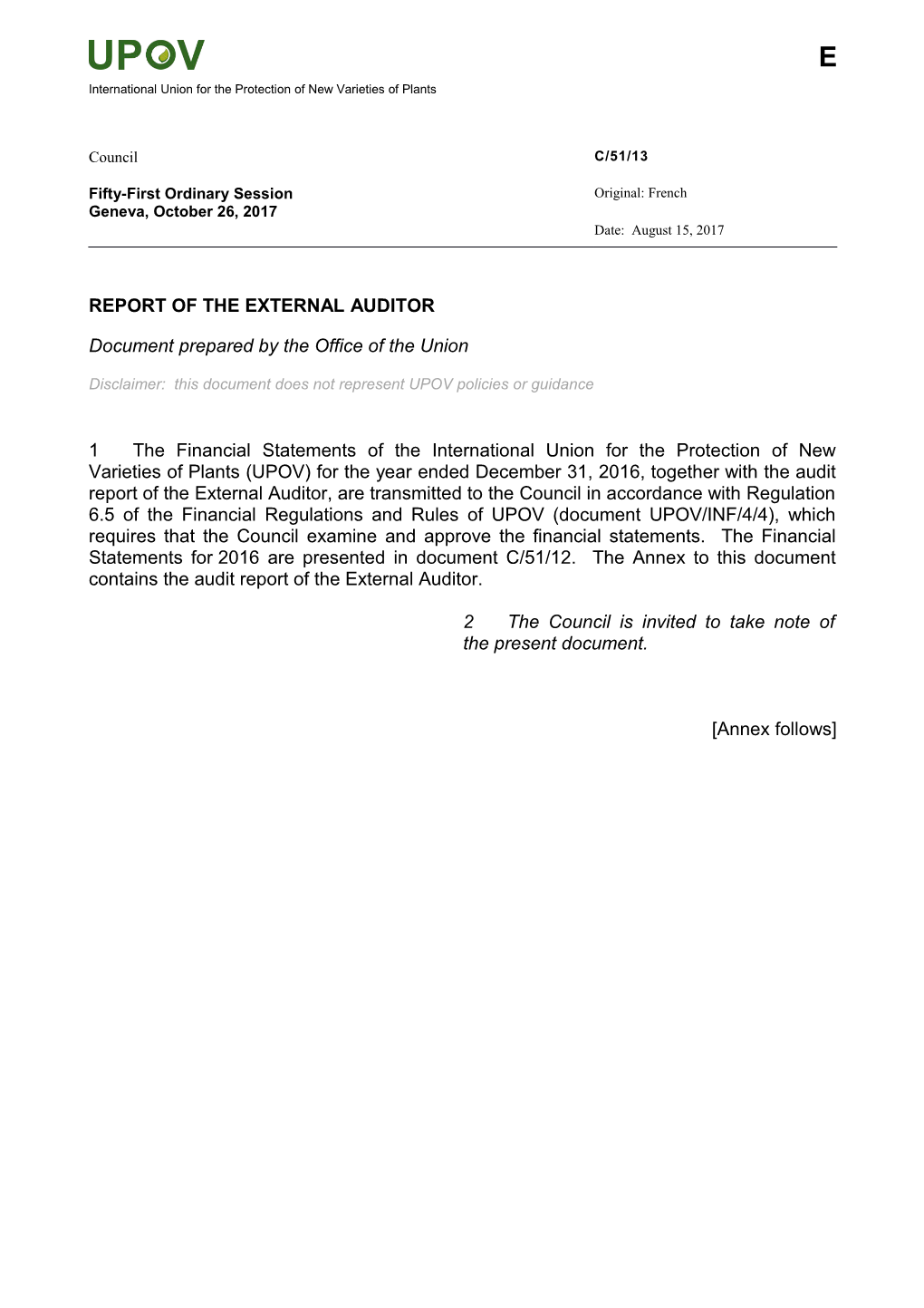 Report of the External Auditor