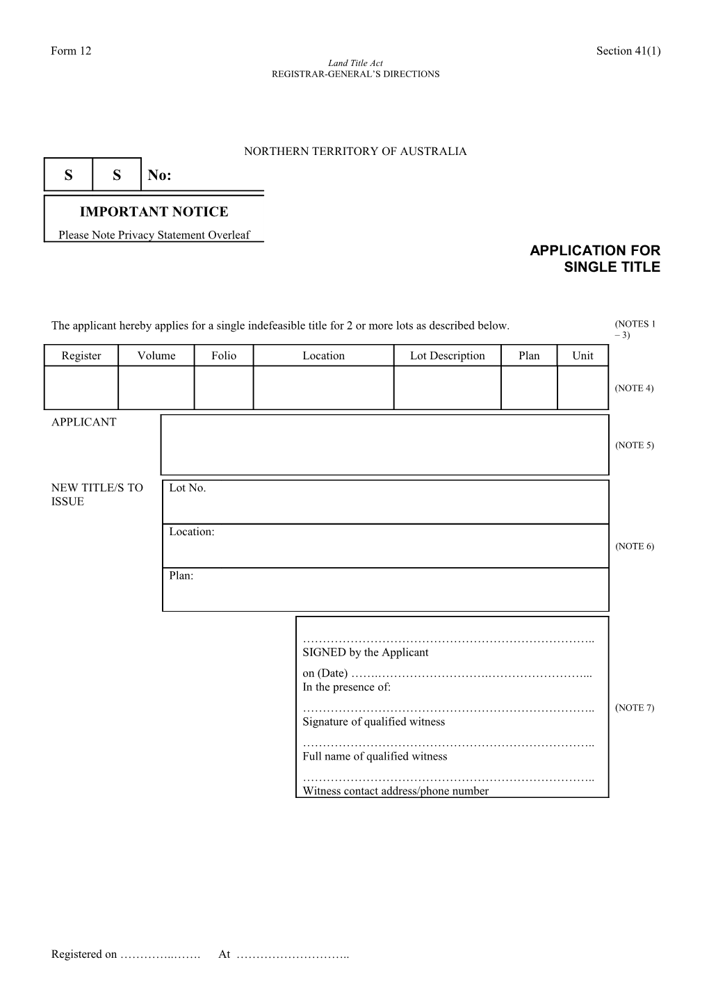 Form No. 12 - Application for Single Title
