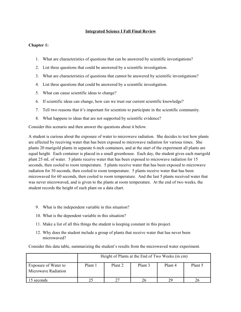 Integrated Science I Fall Final Review