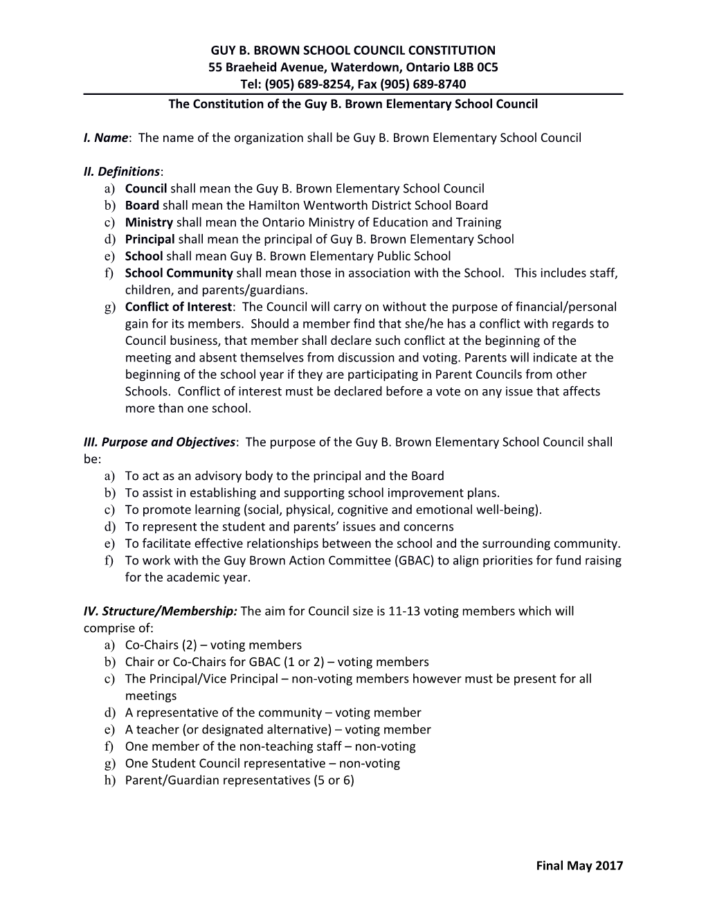 Guy B. Brown School Council Constitution
