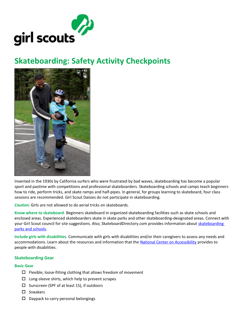 Skateboarding: Safety Activity Checkpoints