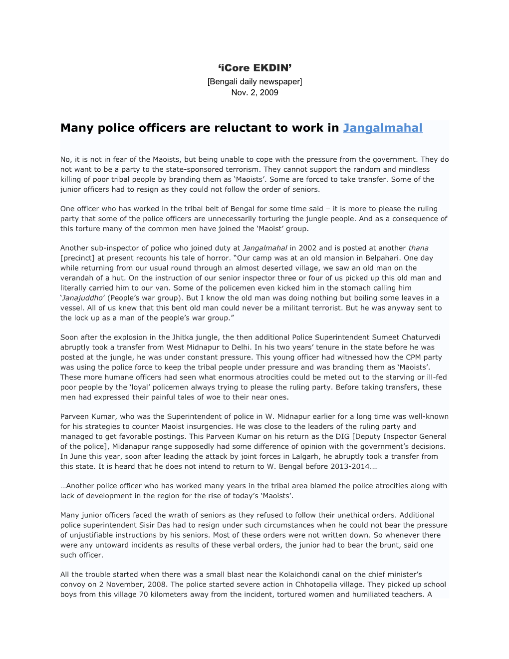 Many Police Officers Are Reluctant to Work in Jangalmahal