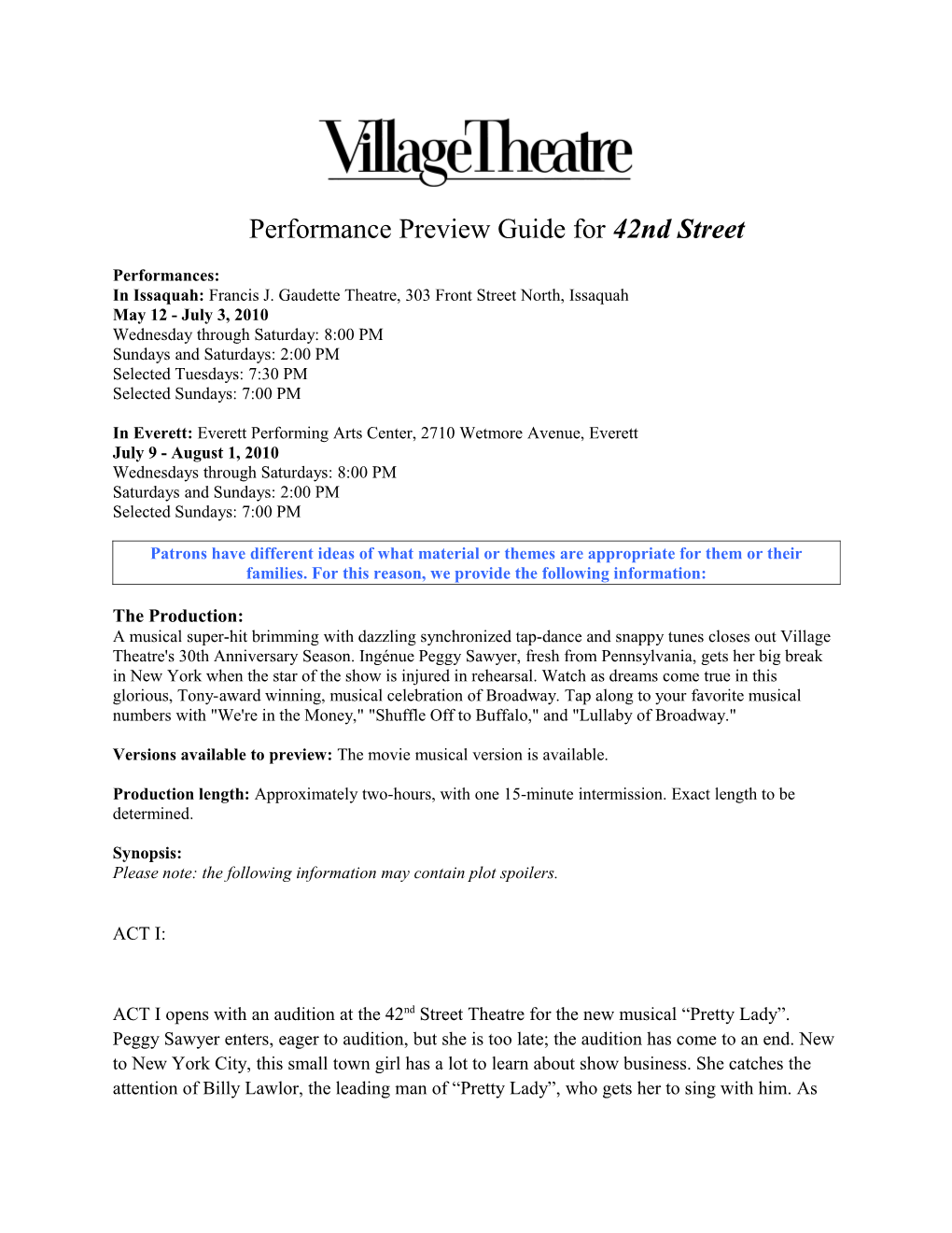 Performance Preview Guide for 42Nd Street