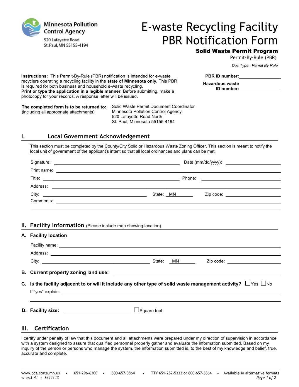 E-Waste Recycling Facility PBR Notification Form