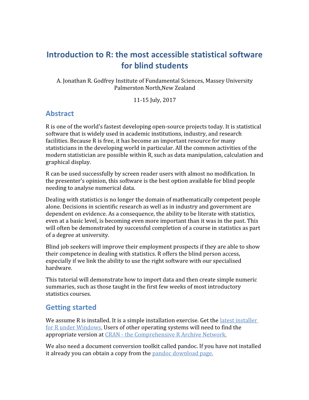 Introduction to R: the Most Accessible Statistical Software for Blind Students
