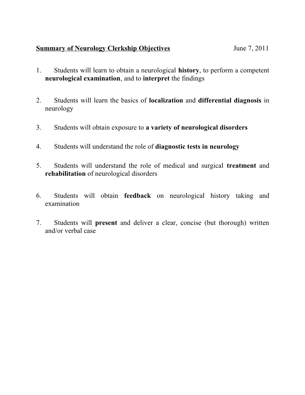 Summary of Neurology Clerkship Objectives