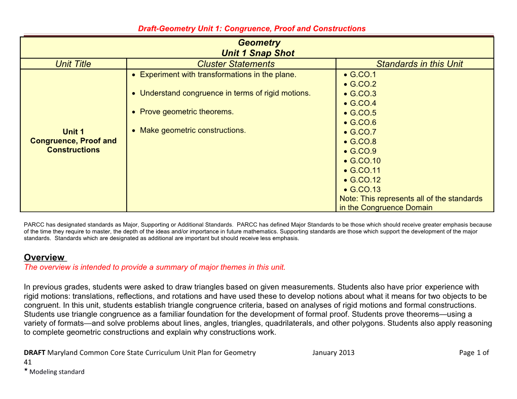 Draft-Geometry Unit 1: Congruence, Proof and Constructions