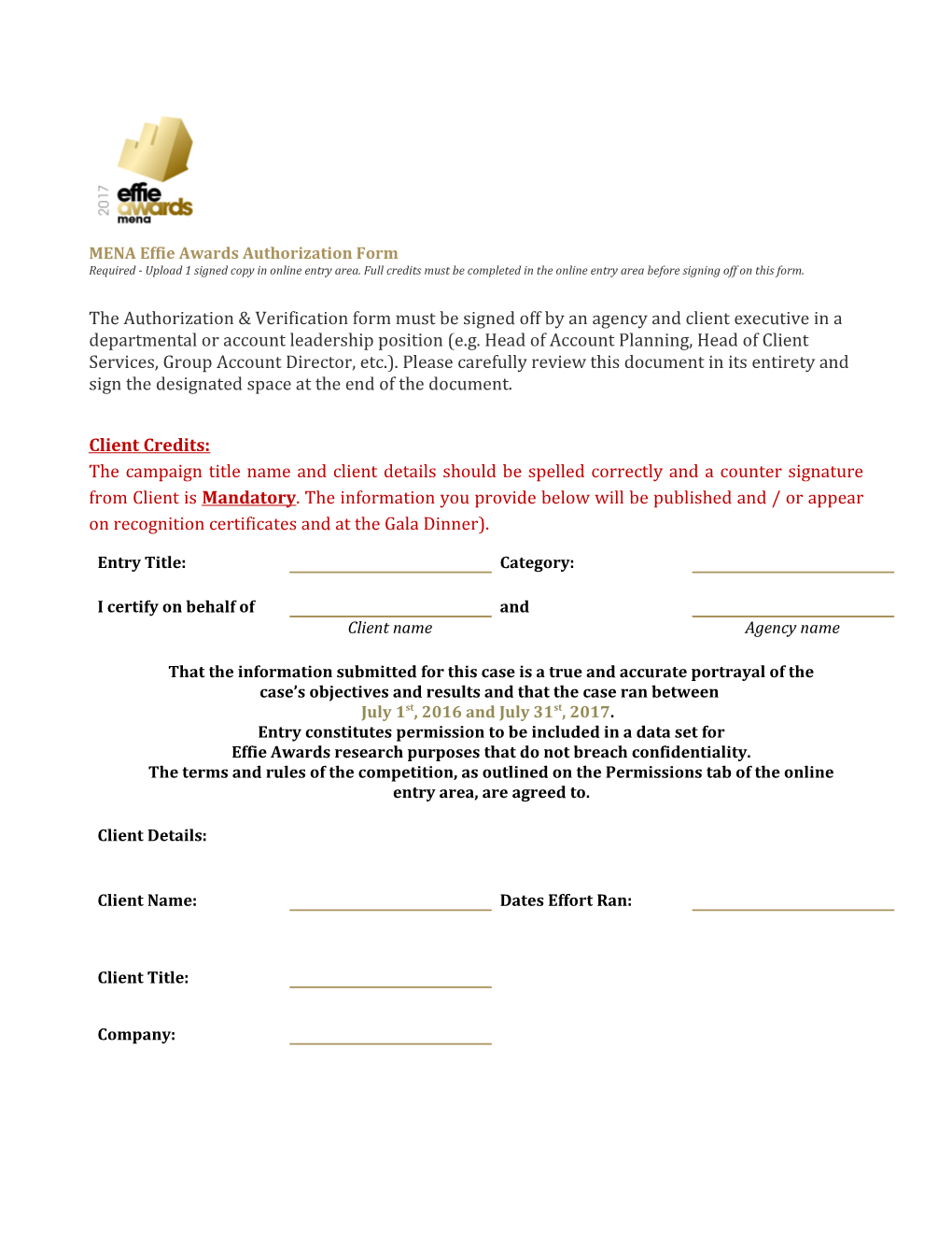 MENA Effie Awards Authorization Form
