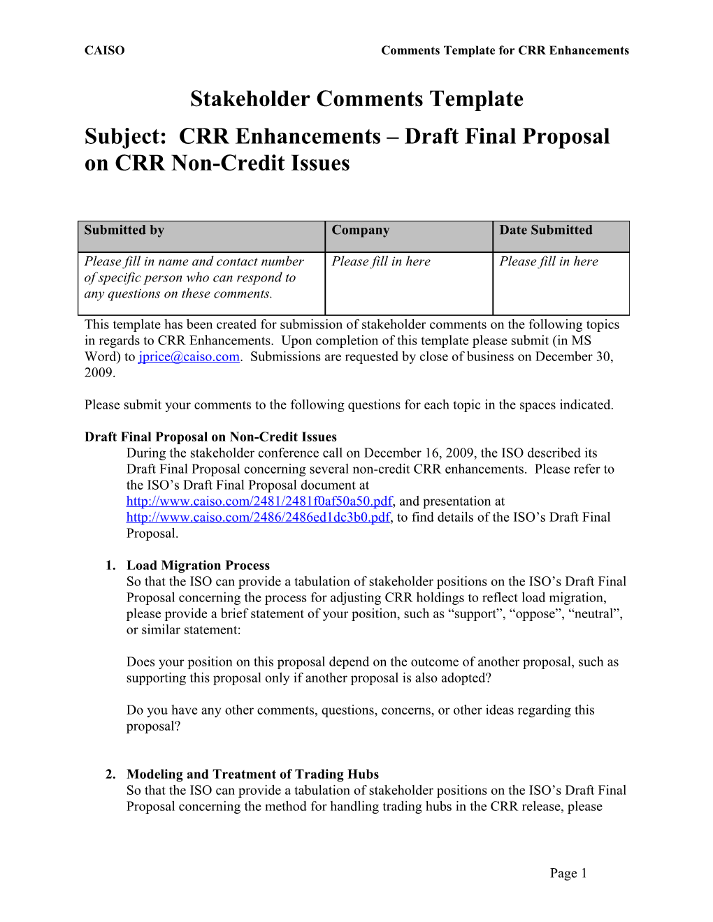 Stakeholder Comment Template for CRR Enhancements - Draft Final Proposal on CRR Non-Credit
