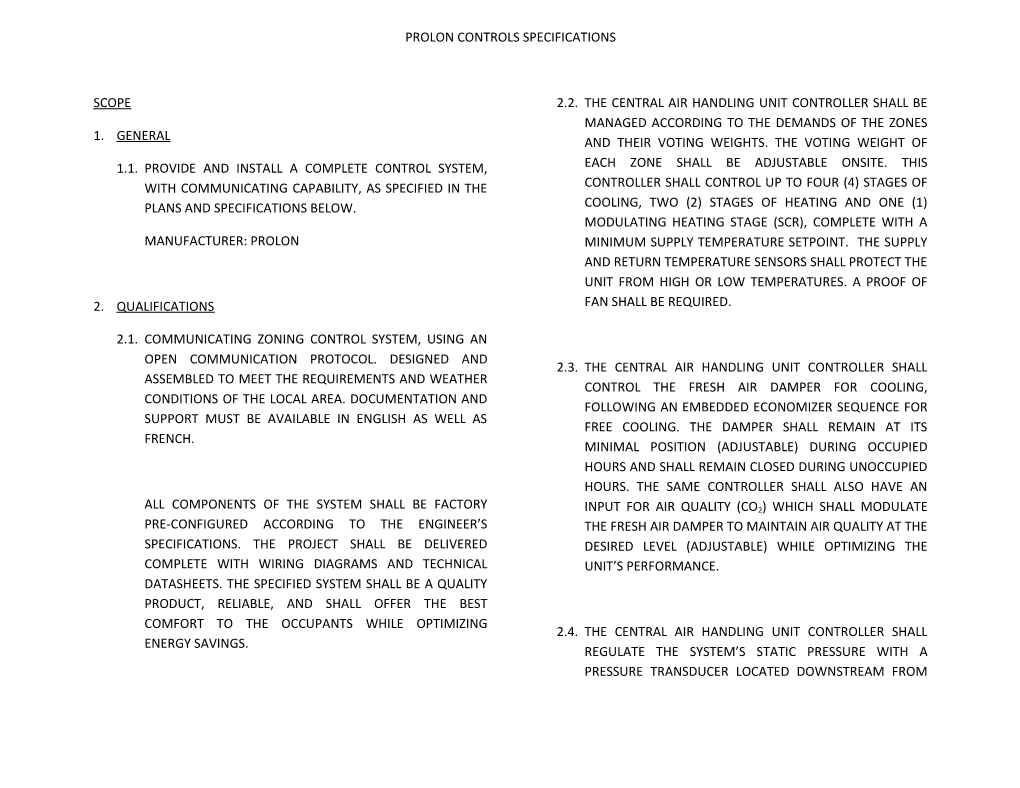 Prolon Controls Specifications